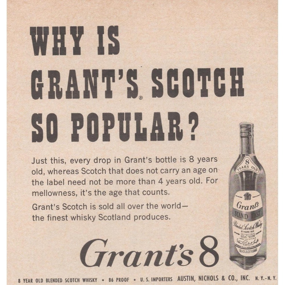 Vintage 1961 Grant's 8 Year Old Scotch Blended Whisky Bar Lounge Decor Print Ad